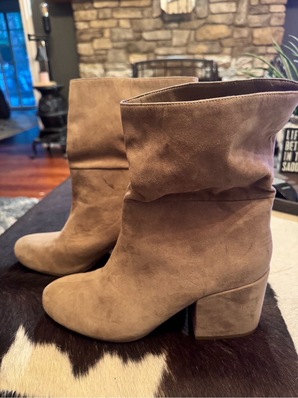Charles David Tan Suede Slouch Block Heel Ankle Boots